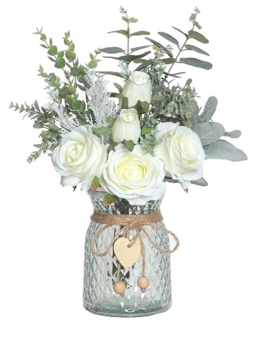 White Rose and Eucalyptus Artificial Bouquet in Glass Vase - Rustic Home Accents